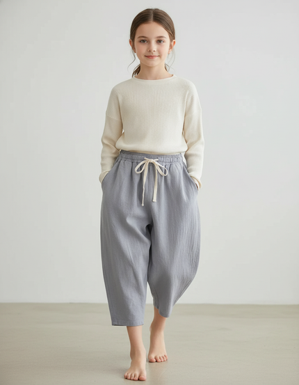 Pantalon Baggy Gris Lin Ample Décontracté Cordon