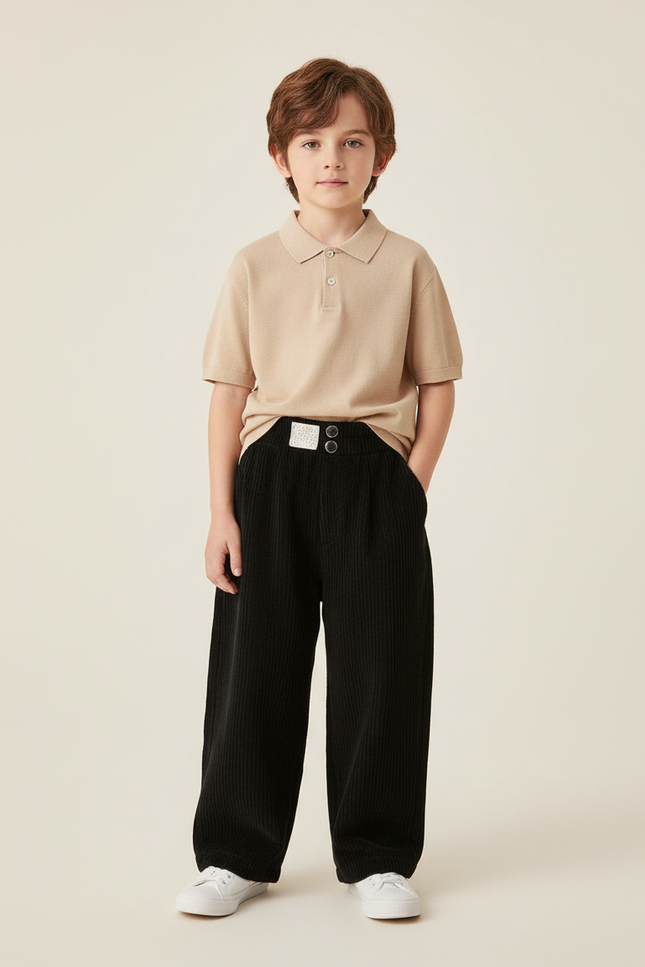 Pantalon Baggy Garçon Noir Taille Haute - Cordé