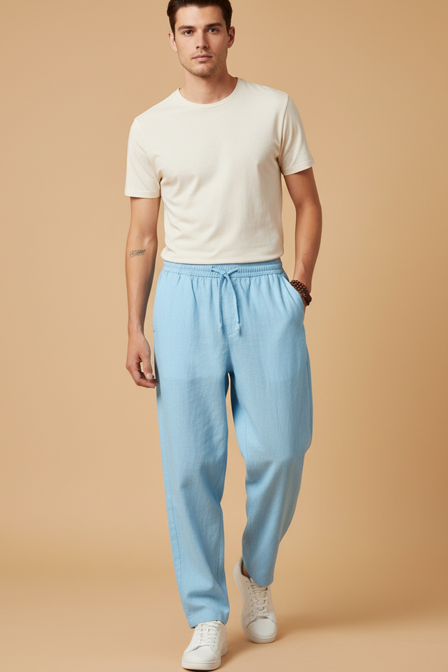 Pantalon Baggy Bleu Ciel Lin Ample Homme