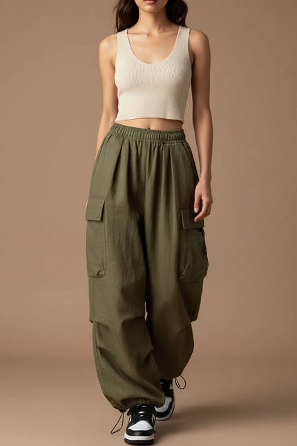 Pantalon Baggy Cargo Vert Militaire Ample Décontracté - Kaki Lin