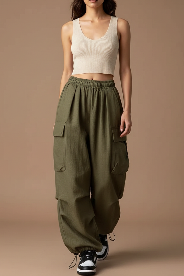 Pantalon Baggy Cargo Vert Militaire Ample Décontracté - Kaki Lin