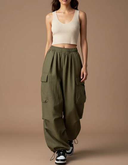 Pantalon Baggy Cargo Vert Militaire Ample Décontracté - Kaki Lin