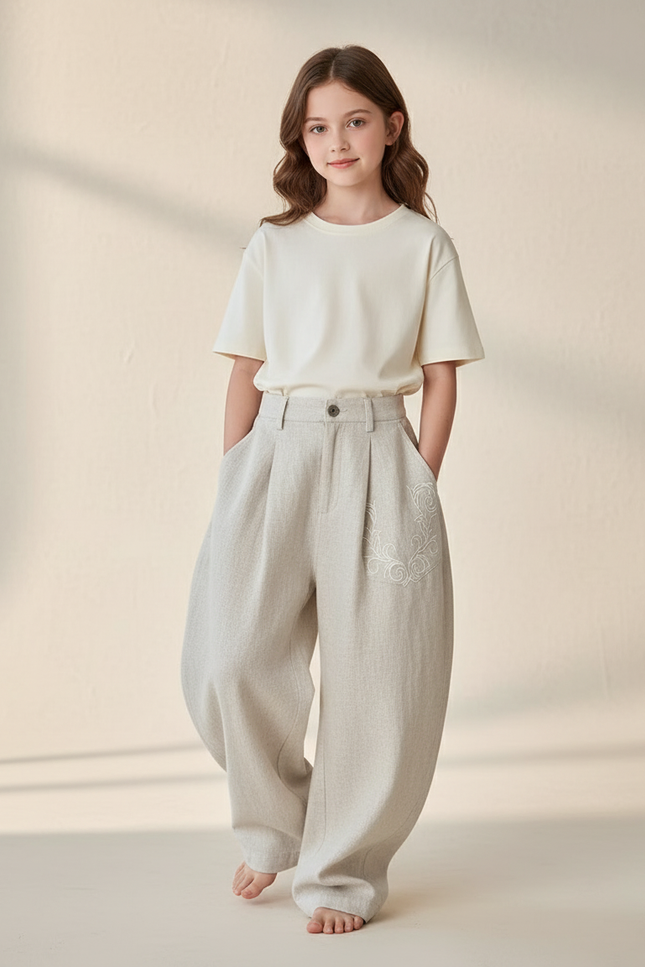Pantalon Baggy Beige Lin Ample Brodé Enfant