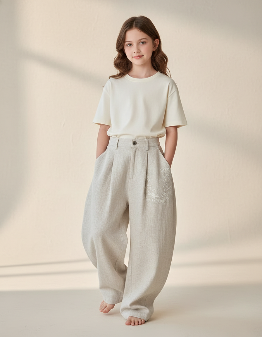 Pantalon Baggy Beige Lin Ample Brodé Enfant
