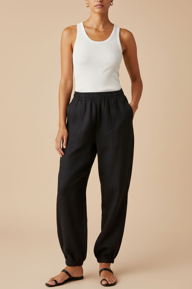 Pantalon Baggy Noir Lin Ample Élastique Femme