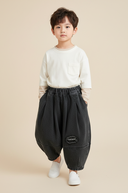 Pantalon Baggy Noir Ample Délavé Garçon Décontracté - Jean