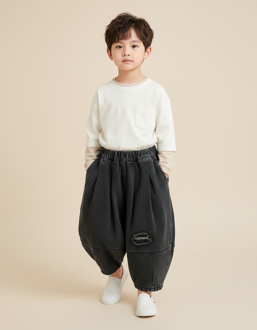 Pantalon Baggy Noir Ample Délavé Garçon Décontracté - Jean