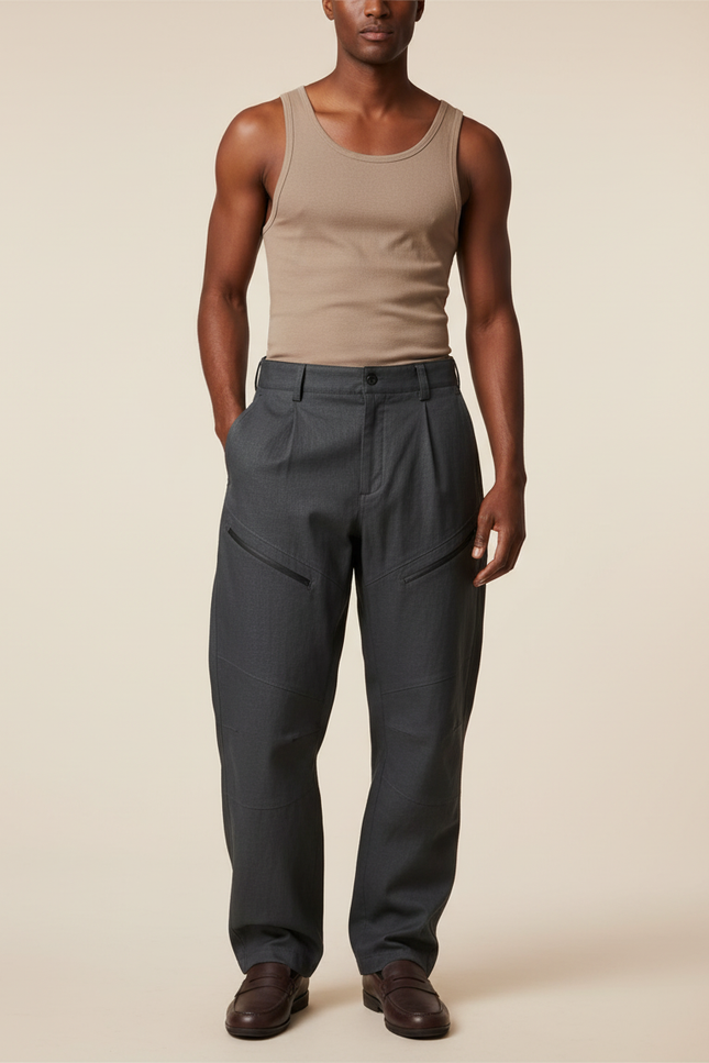Pantalon Baggy Gris Foncé Ample Zippé Homme - Laine