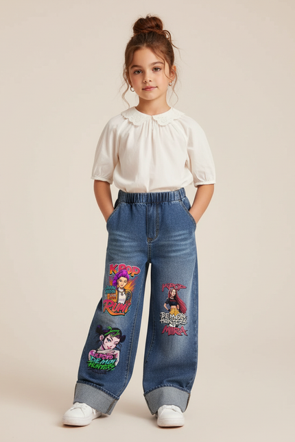 Pantalon Baggy Jean Bleu Imprimé Fille Ample Décontracté