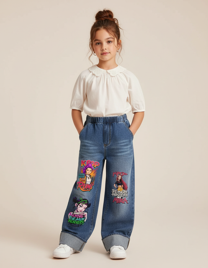 Pantalon Baggy Jean Bleu Imprimé Fille Ample Décontracté
