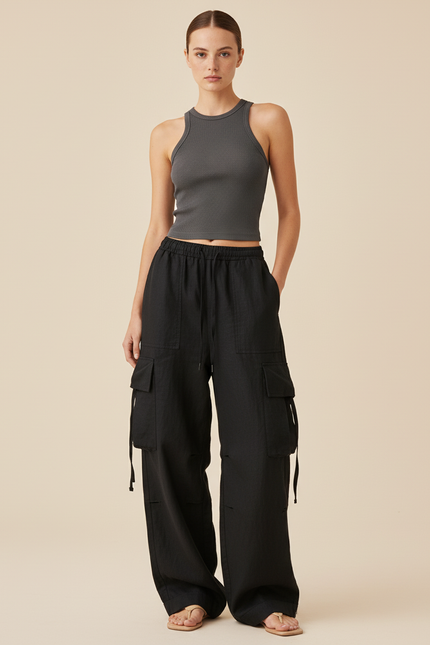 Pantalon Baggy Noir Ample Poches Cargo Cordon Femme - Lin
