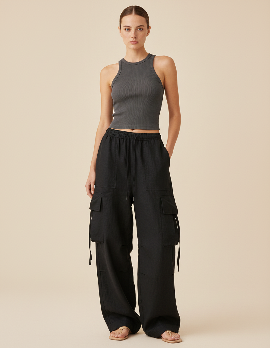 Pantalon Baggy Noir Ample Poches Cargo Cordon Femme - Lin