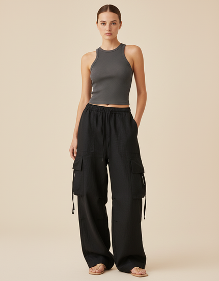 Pantalon Baggy Noir Ample Poches Cargo Cordon Femme - Lin
