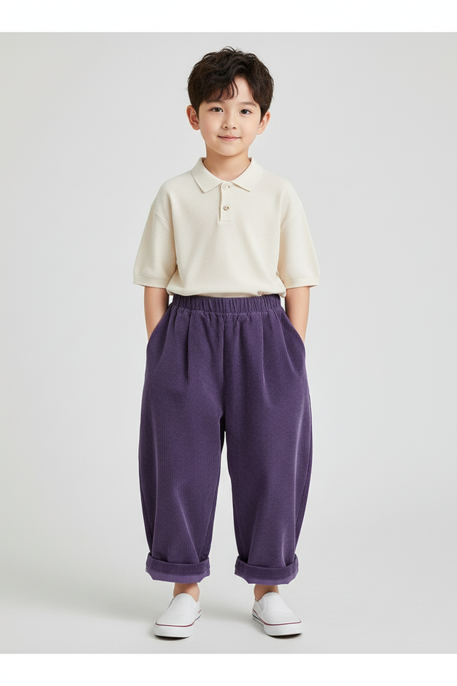 Pantalon Baggy Violet Côtelé Ample Élastique Enfant - Cordé