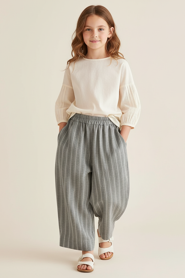 Pantalon Baggy Gris Rayé Lin Coton Ample Enfant