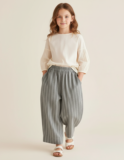 Pantalon Baggy Gris Rayé Lin Coton Ample Enfant