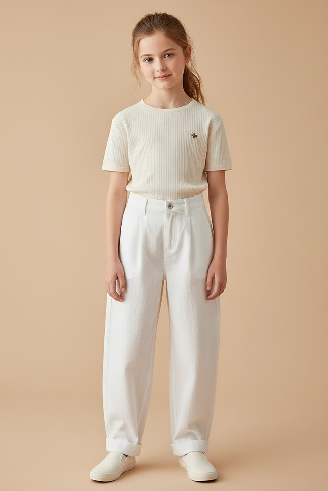 Pantalon Baggy Blanc Coton Ample Décontracté Fille