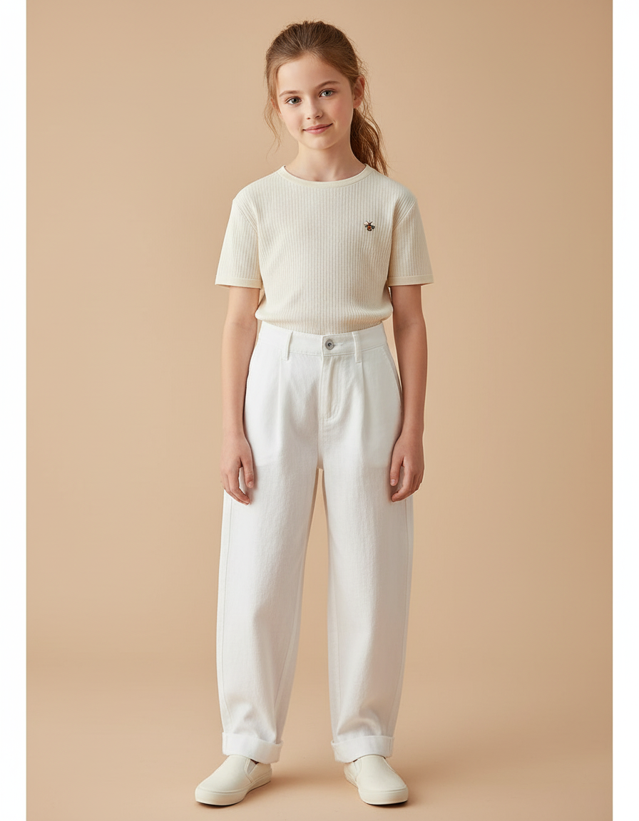 Pantalon Baggy Blanc Coton Ample Décontracté Fille