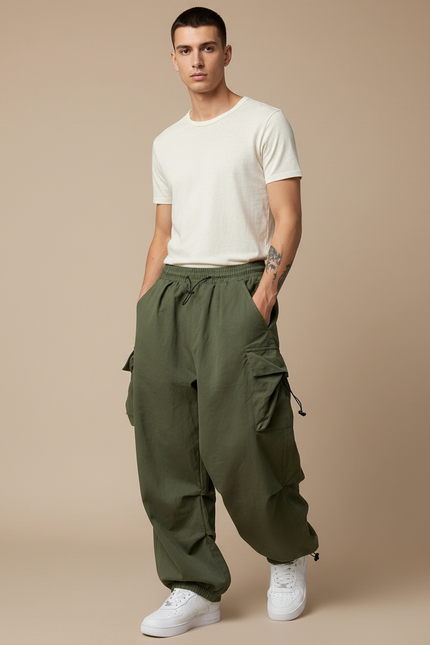 Pantalon Baggy Vert Kaki Ample Cargo Streetwear Homme - Toile