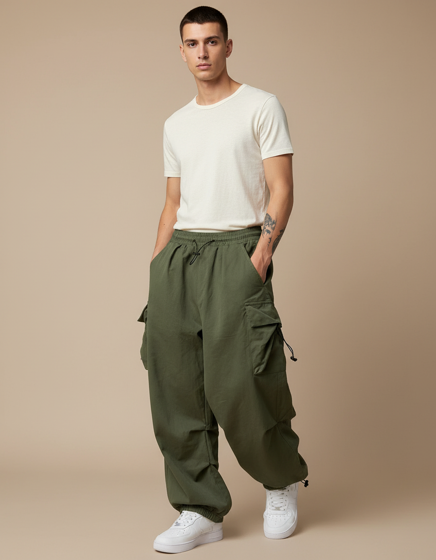 Pantalon Baggy Vert Kaki Ample Cargo Streetwear Homme - Toile