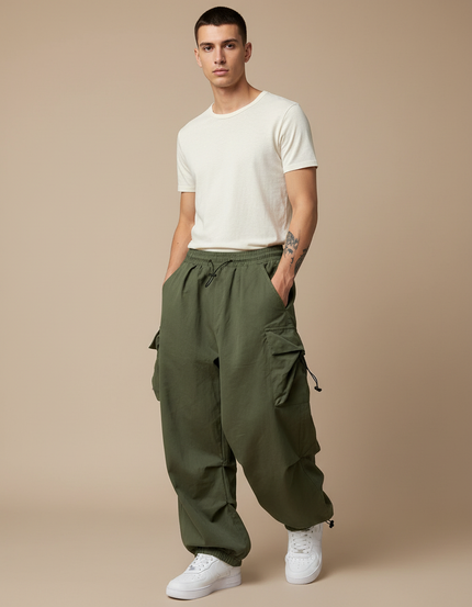 Pantalon Baggy Vert Kaki Ample Cargo Streetwear Homme - Toile