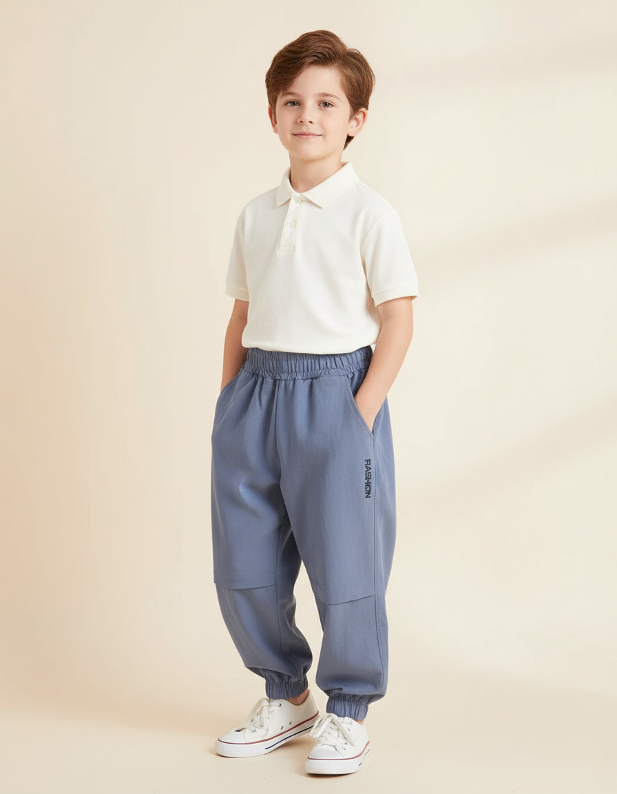 Pantalon Baggy Bleu Gris Coton Ample Garçon Sport