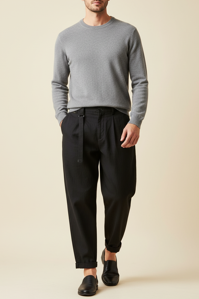 Pantalon Baggy Noir Ample Coton Plissé Décontracté Homme