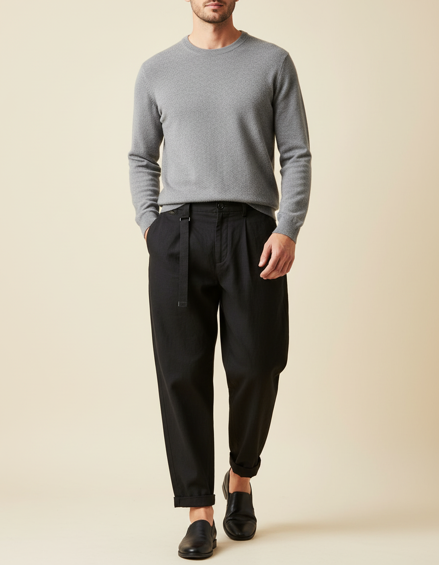 Pantalon Baggy Noir Ample Coton Plissé Décontracté Homme