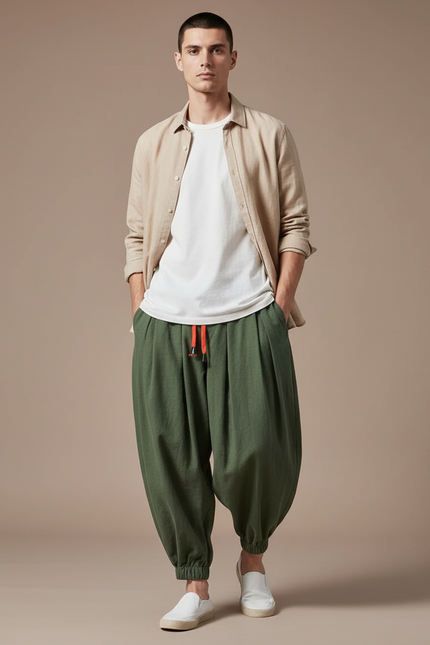 Pantalon Baggy Vert Coton Lin Ample Plissé Homme