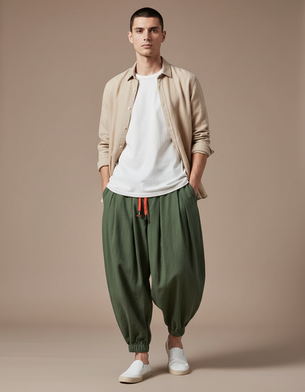 Pantalon Baggy Vert Coton Lin Ample Plissé Homme