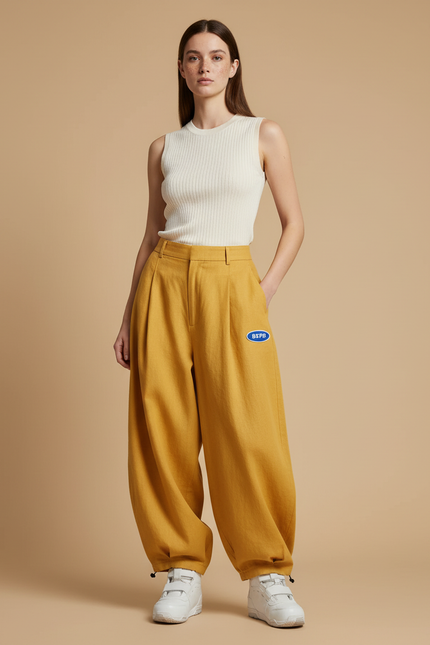 Pantalon Baggy Jaune Ample Décontracté Plissé - Lin