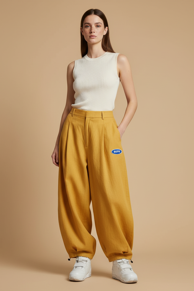 Pantalon Baggy Jaune Ample Décontracté Plissé - Lin