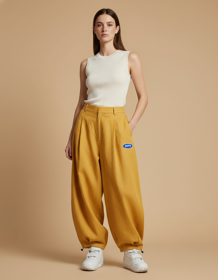 Pantalon Baggy Jaune Ample Décontracté Plissé - Lin