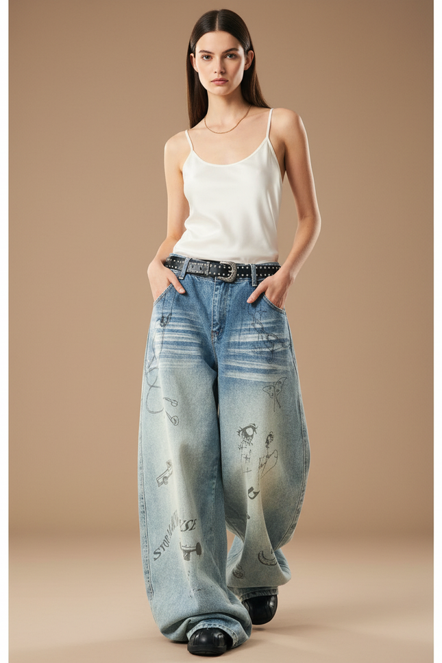 Pantalon Baggy Denim Large Décontracté Brodé Esthétique - Bleu Jean