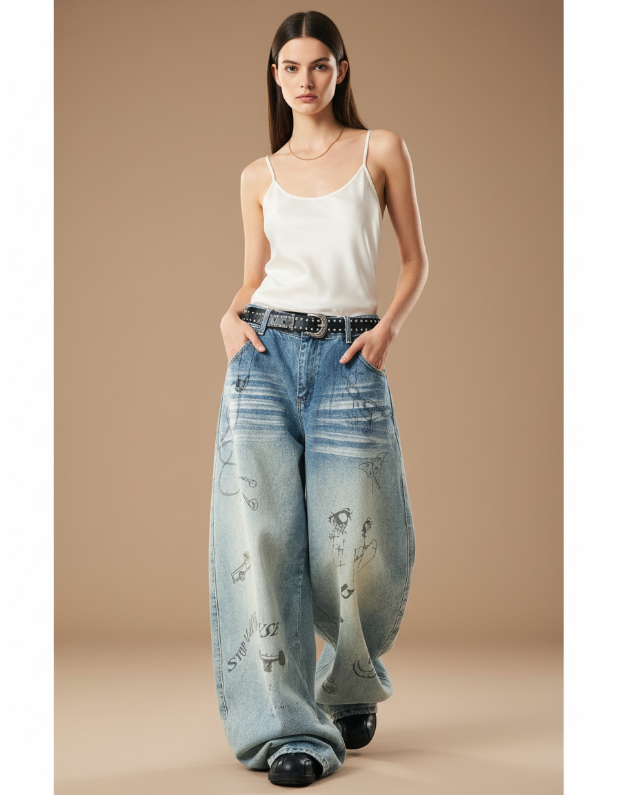 Pantalon Baggy Denim Large Décontracté Brodé Esthétique - Bleu Jean