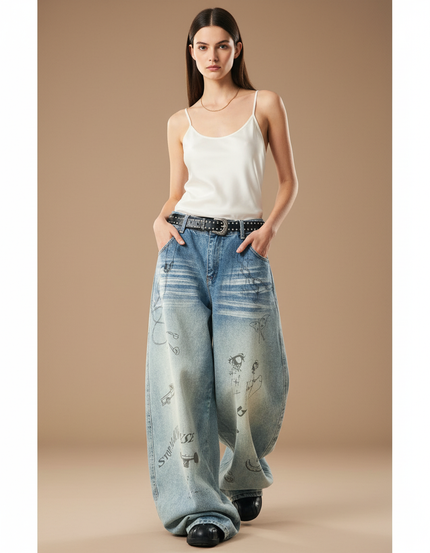 Pantalon Baggy Denim Large Décontracté Brodé Esthétique - Bleu Jean