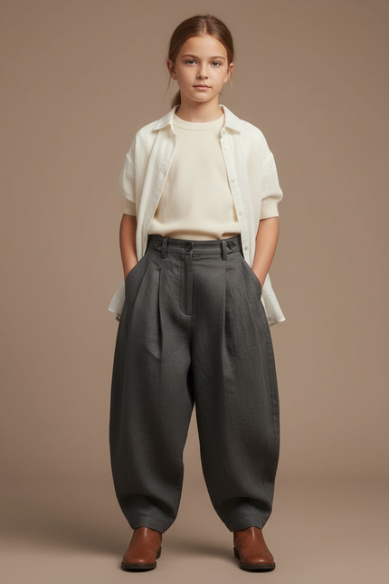 Pantalon Baggy Gris Ample Plissé Confortable Enfant - Lin