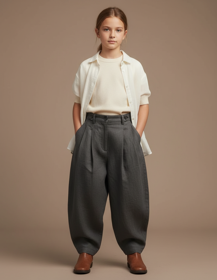 Pantalon Baggy Gris Ample Plissé Confortable Enfant - Lin