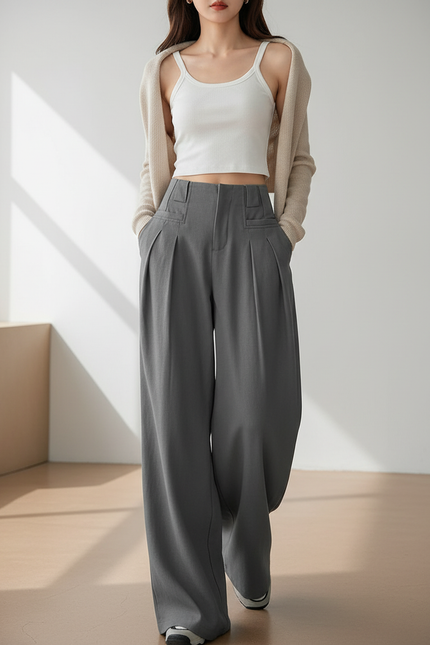 Pantalon Baggy Gris Plissé Taille Haute Fluide Décontracté - Polyester