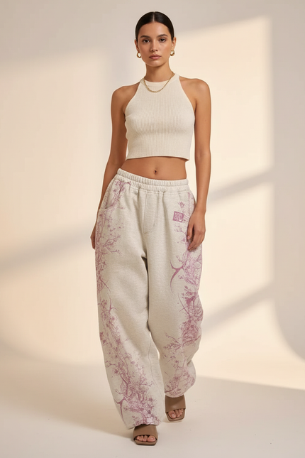 Pantalon Baggy Gris Imprimé Floral Ample Streetwear - Molleton