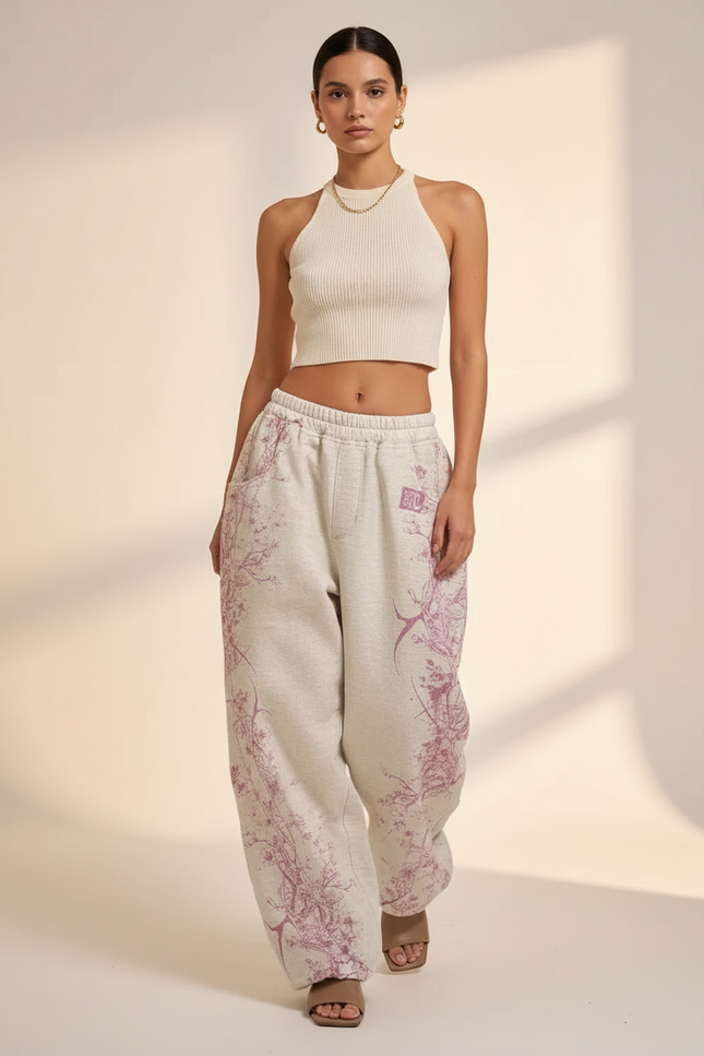 Pantalon Baggy Gris Imprimé Floral Ample Streetwear - Molleton