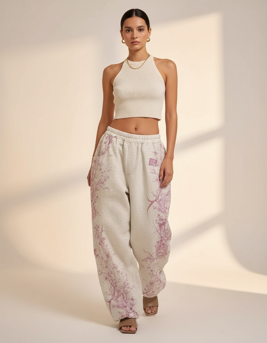 Pantalon Baggy Gris Imprimé Floral Ample Streetwear - Molleton
