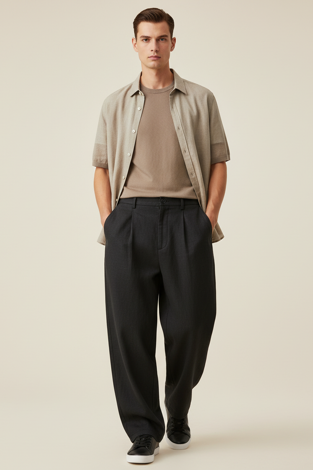 Pantalon Baggy Gris Foncé Plissé Ample Décontracté Homme - Laine