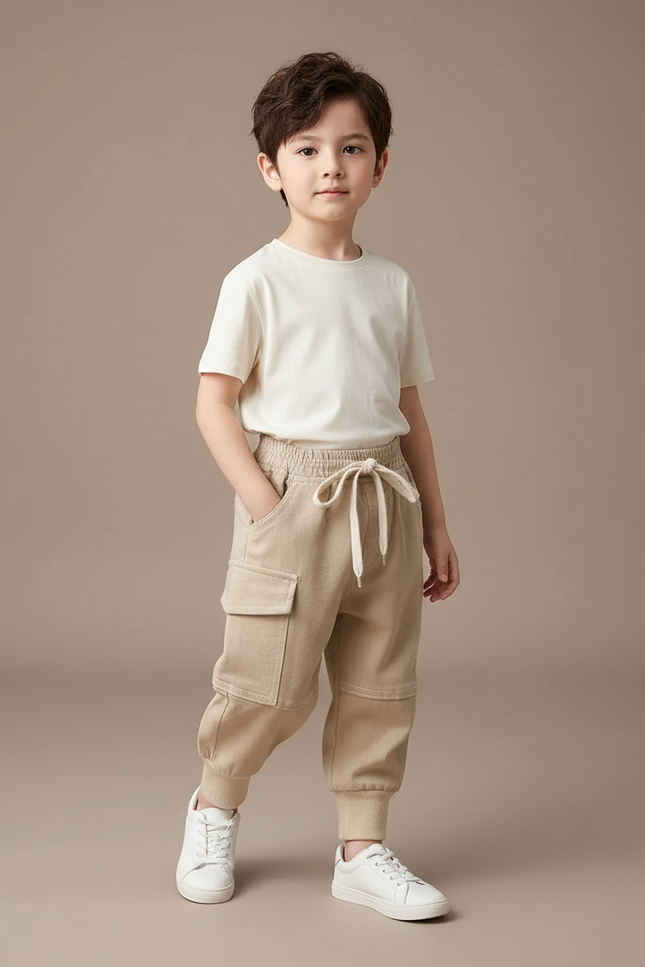Pantalon Baggy Beige Cargo Coton Enfant Décontracté - Molleton
