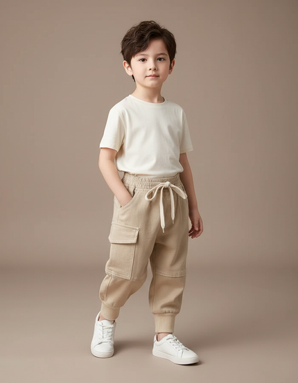 Pantalon Baggy Beige Cargo Coton Enfant Décontracté - Molleton