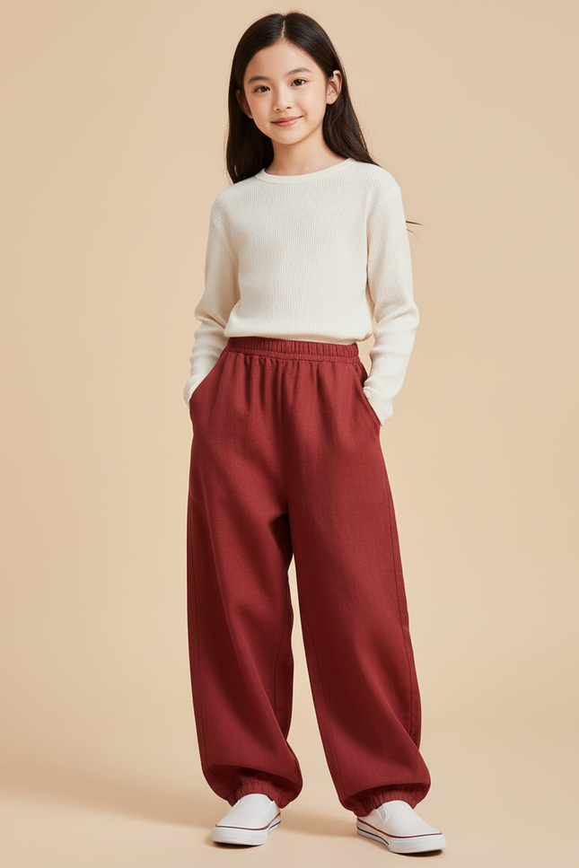Pantalon Baggy Rouge Brique Ample Confortable Élastiqué Fille - Bordeaux Molleton