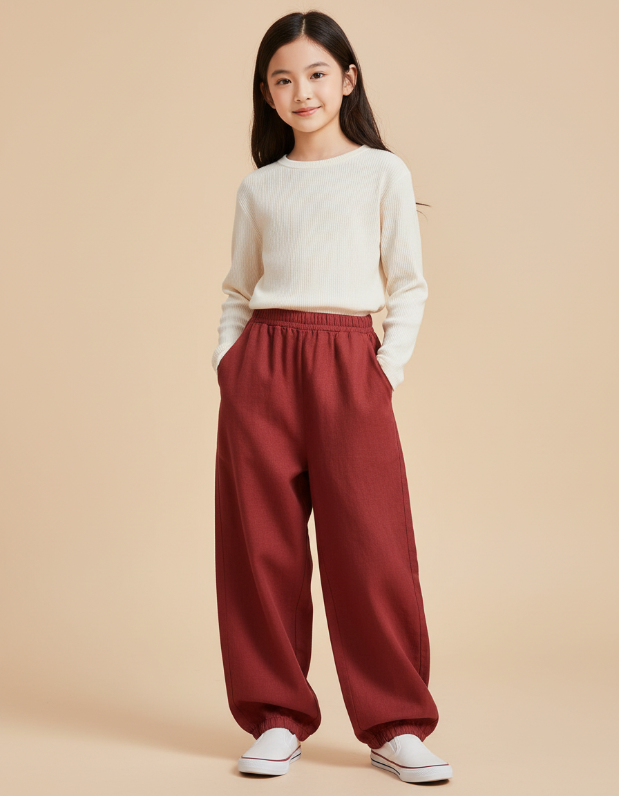 Pantalon Baggy Rouge Brique Ample Confortable Élastiqué Fille - Bordeaux Molleton