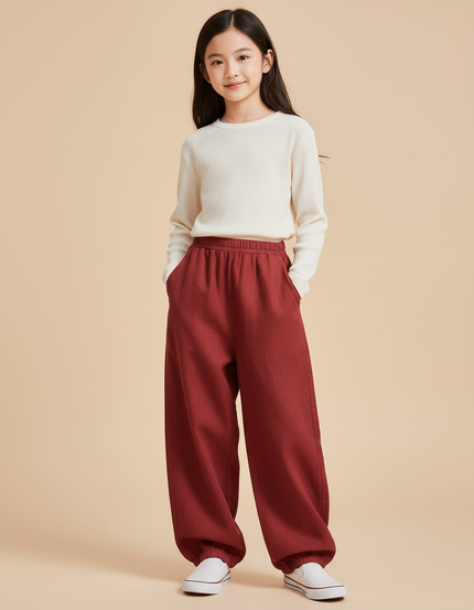 Pantalon Baggy Rouge Brique Ample Confortable Élastiqué Fille - Bordeaux Molleton