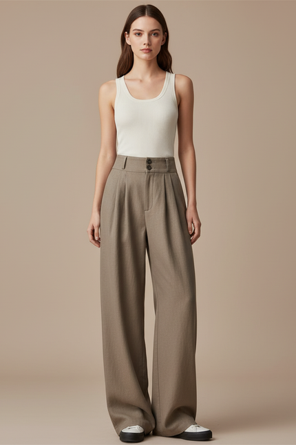 Pantalon Baggy Marron Ample Taille Haute Élégant - Gabardine