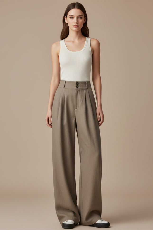 Pantalon Baggy Marron Ample Taille Haute Élégant - Gabardine